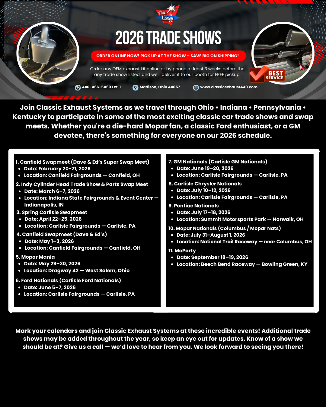 Classic Exhaust Systems 2026 Trade Show Schedule